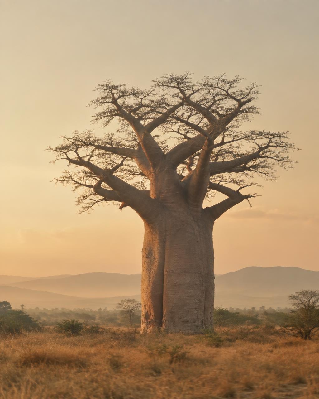 A baobab tree at golden hour