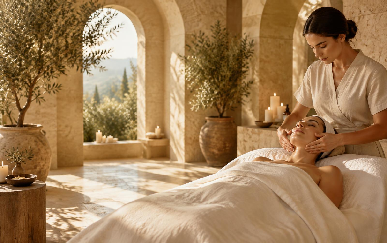 A private ZARÉVA facial experience in a sunlit travertine room