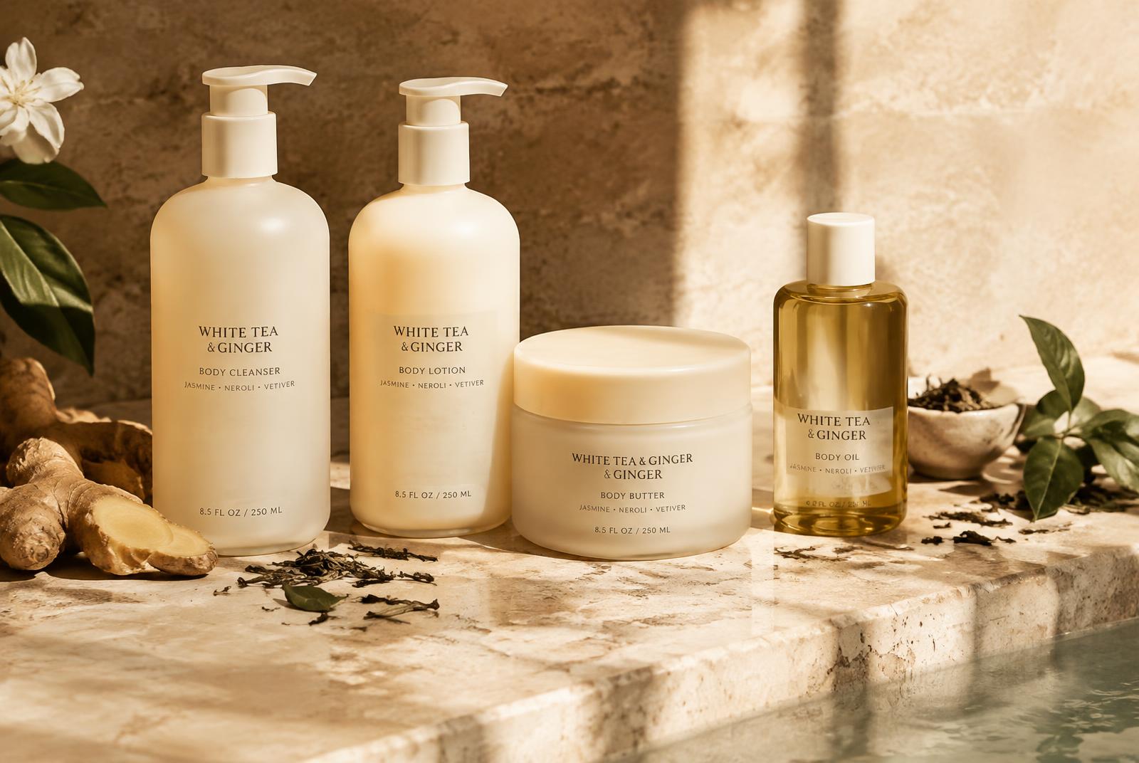 The White Tea + Ginger body collection on a travertine bath ledge