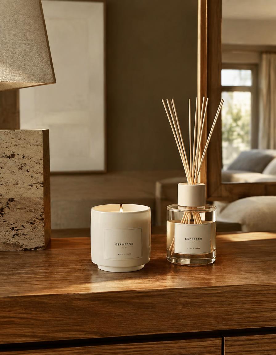 ZARÉVA candle and reed diffuser on an oak console